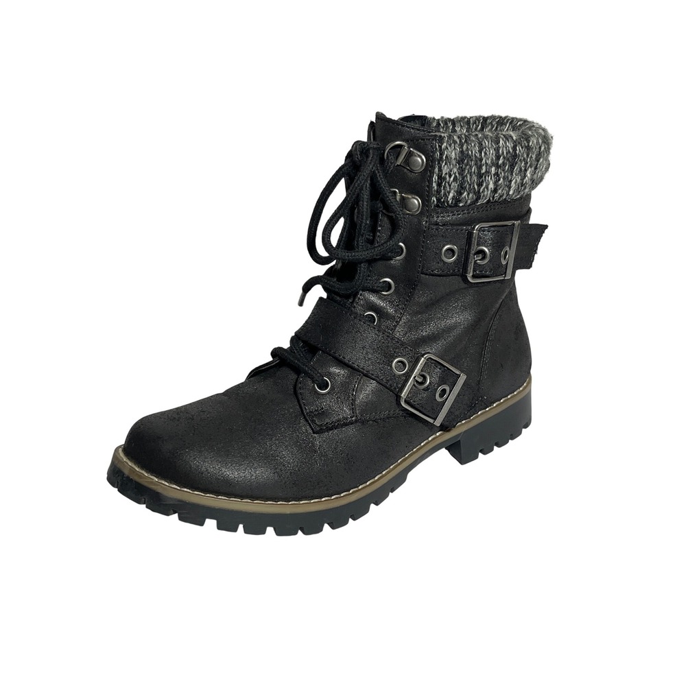 Cliffs by White Mountain Womens Black Combat Boots Knit Collar Buckle Size 7